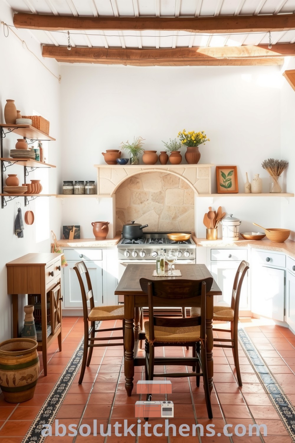 Cozy Mediterranean kitchen featuring whitewashed walls, terracotta tile flooring, mismatched chairs around a wooden table, handmade pottery on open shelves, and a rustic stone backsplash, illuminating inviting decor ideas for your home. Visit absolutkitchens.com for more design inspirations.
