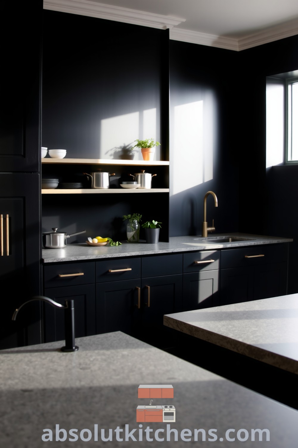Minimalist black kitchen featuring matte-black cabinetry, warm brushed metal handles, and wooden shelves with potted herbs, illuminated by natural light, creating a cozy atmosphere perfect for home decor inspirations at fireplacesandwoodstoves.com.