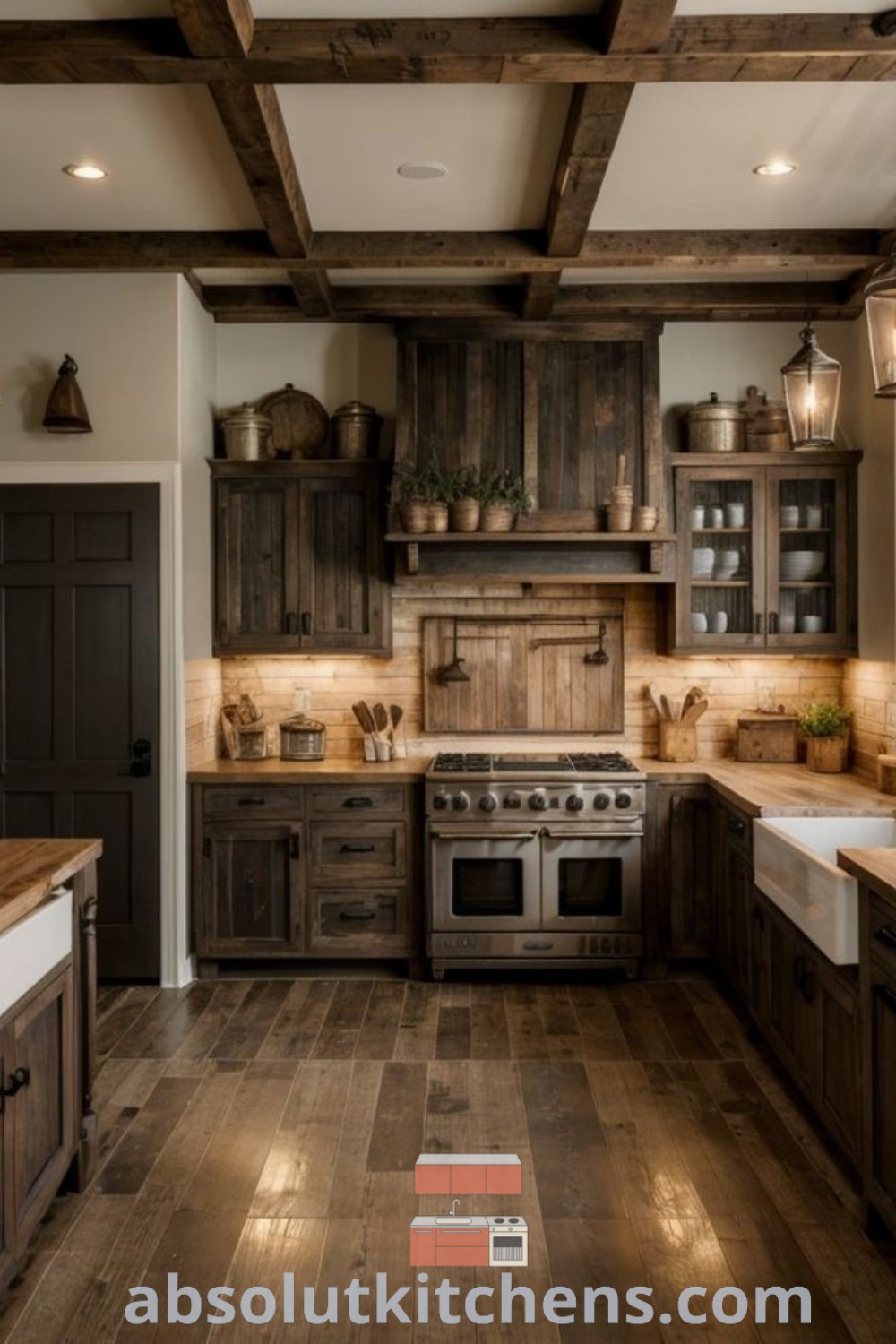 A rustic luxury kitchen featuring wood floors and wooden cabinets, showcasing decor ideas for a cozy aesthetic and functional design. This inspiring kitchen space highlights farmhouse, rustic cottage, and barndominium elements, perfect for house or apartment design trends. Find more design tips at absolutkitchens.com.
