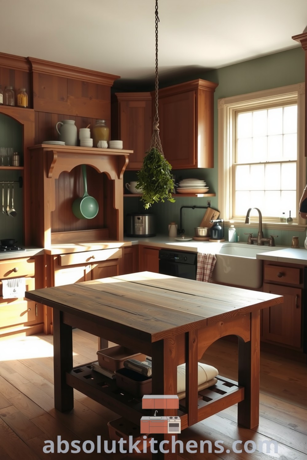 Cozy farmhouse kitchen featuring faded green walls, wooden cabinetry, and a reclaimed wood table, illuminated by sunlight with hanging herbs and the aroma of freshly baked bread, offering inspiring decor ideas and cozy aesthetic for your home on absolutkitchens.com.