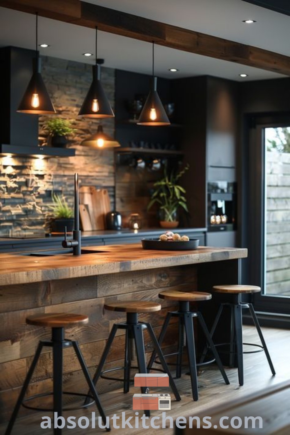 A modern Scandinavian kitchen with a stylish bar, stools, and hanging lights that create a cozy and inviting atmosphere. This space showcases industrial kitchen design elements while offering unique decor ideas for your home. Explore more inspirations at wellnesswink.com.