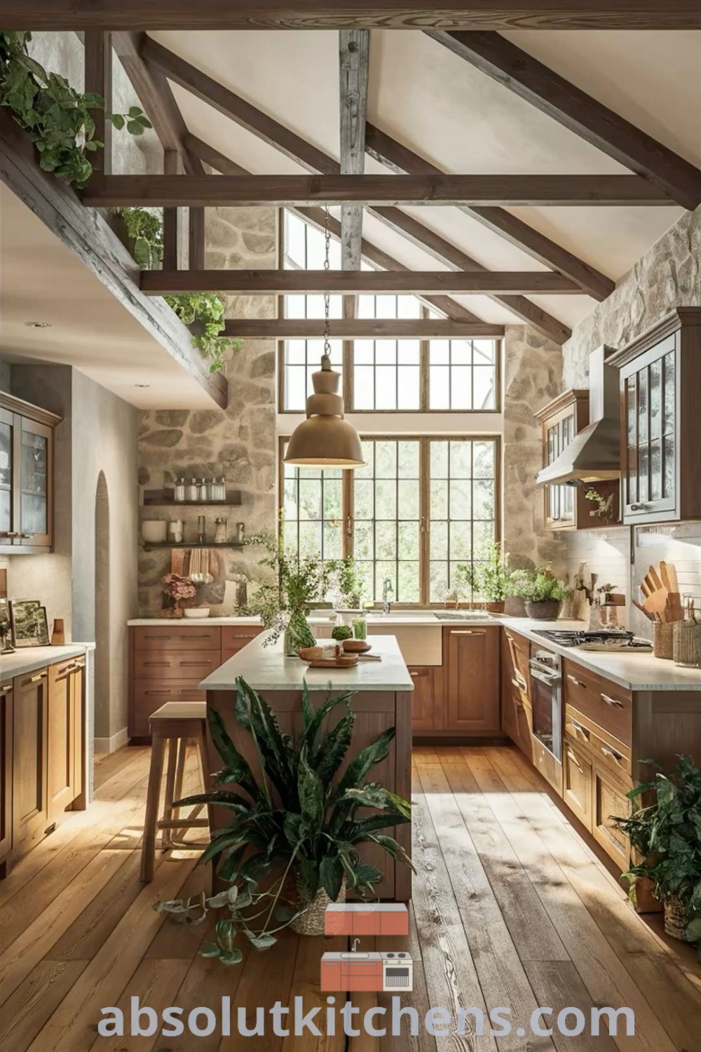A nature-inspired kitchen featuring wooden floors and large windows designed for a cozy aesthetic. The space embodies earthy interior design elements and rustic decor ideas, making it a perfect example of a bright, earthly kitchen. Explore more design trends at absolutkitchens.com.