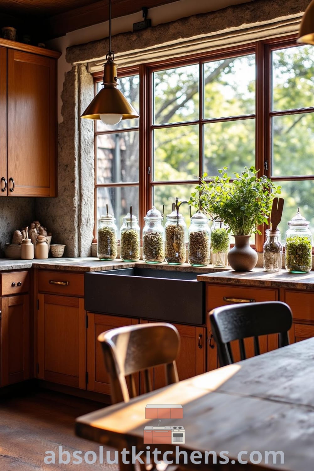 Cozy rustic kitchen featuring wooden cabinets, a weathered dining table with mismatched chairs, and mason jars of dried herbs, creating a warm and inviting atmosphere ideal for family gatherings and meals, with inspiring ideas for your home from fireplacesandwoodstoves.com.