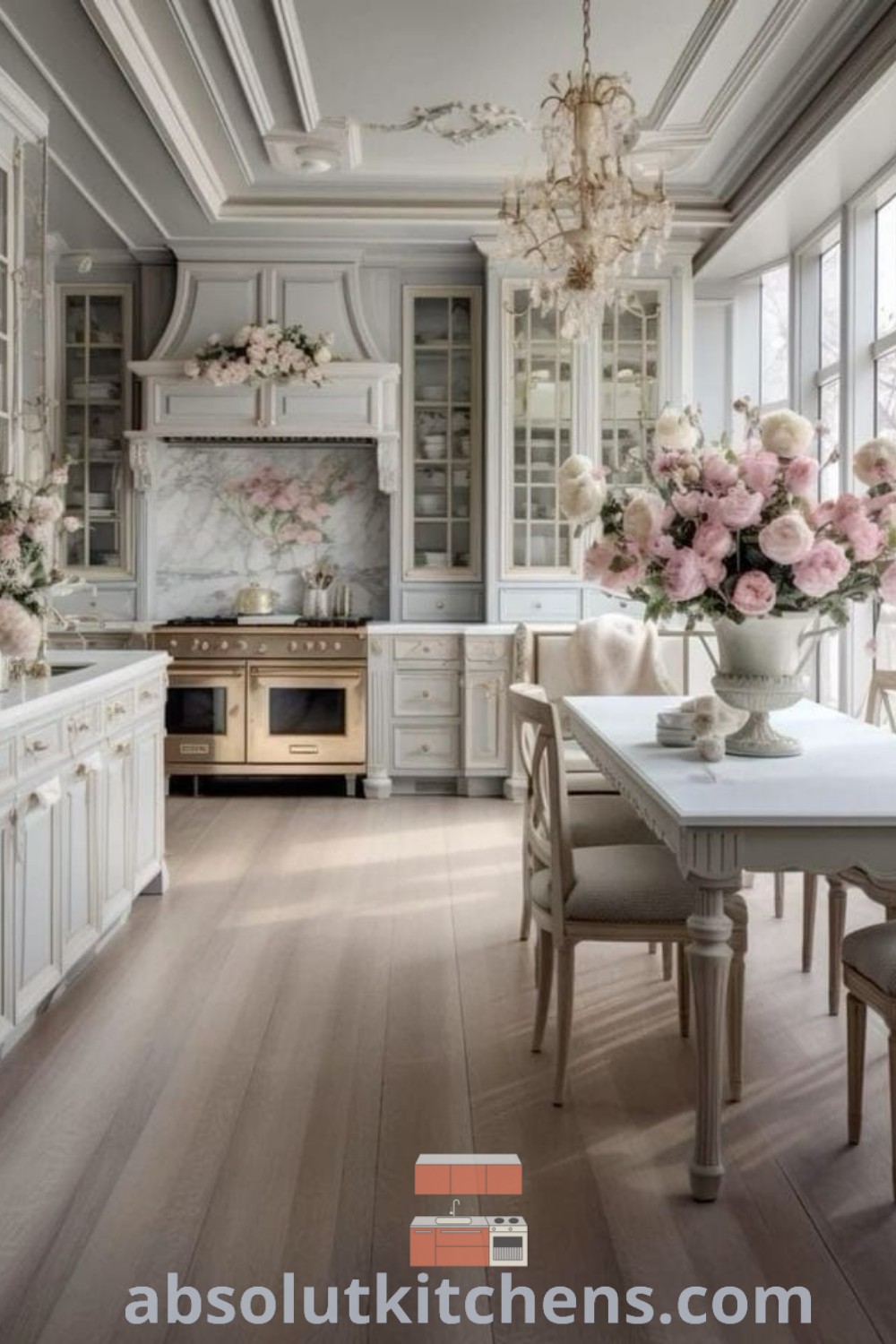 A stylish French romantic kitchen with white cabinets and pink flowers in vases on the dining room table, showcasing inspiring decor ideas for small spaces and elegant kitchen designs. Explore more creative inspirations at absolutkitchens.com.