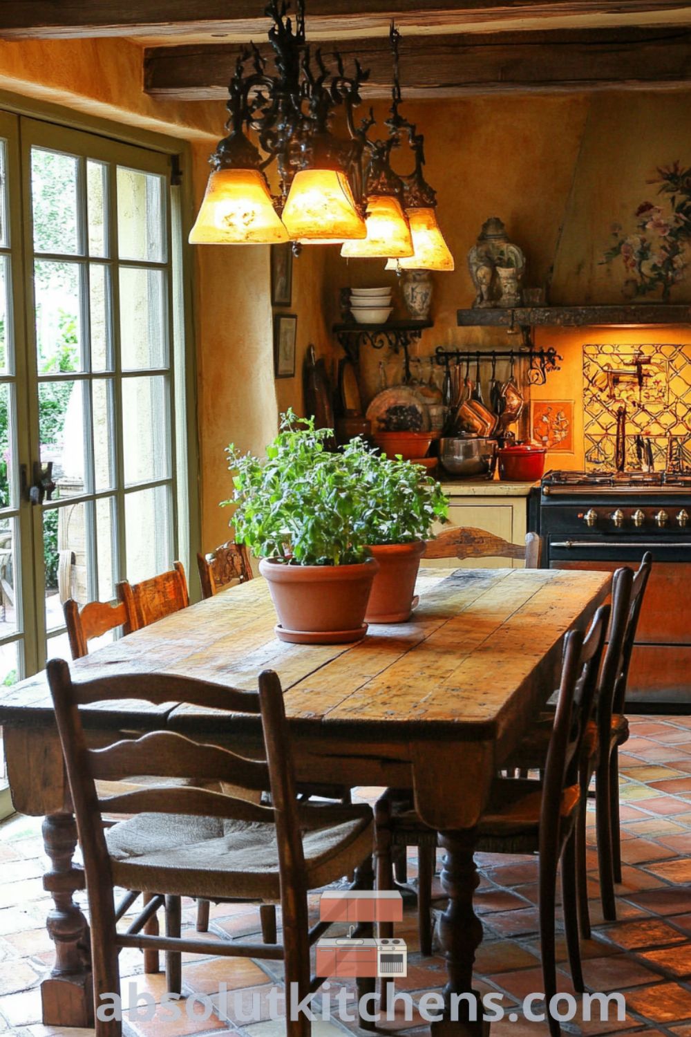 Cozy vintage French kitchen scene on absolutkitchens.com featuring hand-painted tiles, a sturdy oak table, and warm, inviting decor ideas for small spaces.