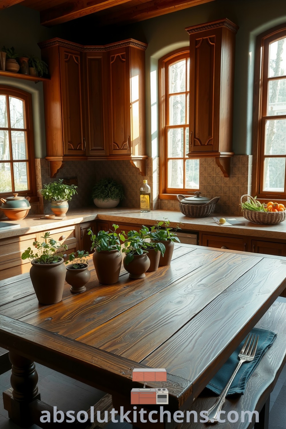 Cozy nature-inspired kitchen featuring hand-carved wooden cabinets, soft greens, earthy browns, and large windows with sunlight filtering in, showcasing potted herbs in clay pots and a rustic wooden dining table with woven baskets of fresh produce, perfect for inspiration and cozy aesthetics for your home at absolutkitchens.com.