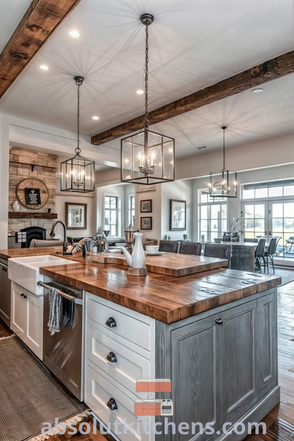 A stunning Irish farmhouse kitchen showcasing an island in the center, illuminated by hanging lights, creating a cozy aesthetic. This contemporary farmhouse kitchen includes design trends and layout ideas, perfect for those seeking inspiring decor ideas for small spaces. Visit absolutkitchens.com for more house styles and tips.