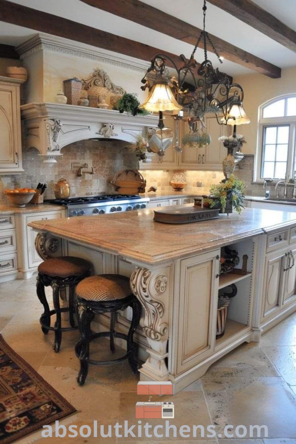 A large rustic country kitchen with an island and two stools, showcasing cozy design tips and Mediterranean kitchen elements. This inspiring space offers decor ideas for small spaces, blending style and functionality beautifully. Discover more at absolutkitchens.com.