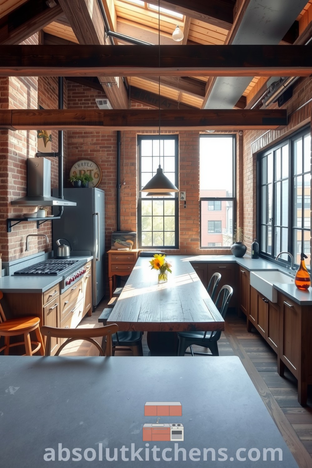 Loft kitchen with exposed brick walls, weathered wooden beams, and a polished concrete countertop, featuring a rustic wooden table surrounded by mismatched chairs, illustrating cozy ideas and decor inspirations for an inviting urban home, featured on fireplacesandwoodstoves.com.