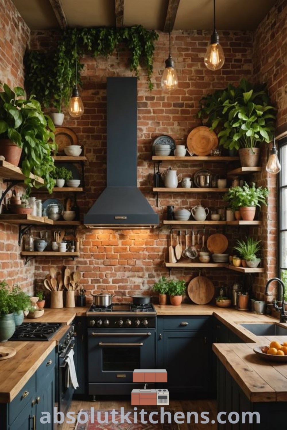 A rustic kitchen filled with pots and pans on wooden counter tops, showcasing a cozy aesthetic and earthy kitchen decor ideas. This inspiring design showcases unique kitchen inspirations for home and apartment spaces. Find more remarkable ideas at absolutkitchens.com.