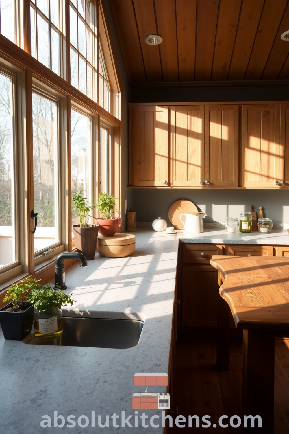Cozy nature-inspired kitchen with sunlight filtering through large windows, showcasing natural stone countertops, warm reclaimed wood cabinetry, and potted herbs on the windowsill, inviting gatherings and embodying a cozy aesthetic at absolutkitchens.com.