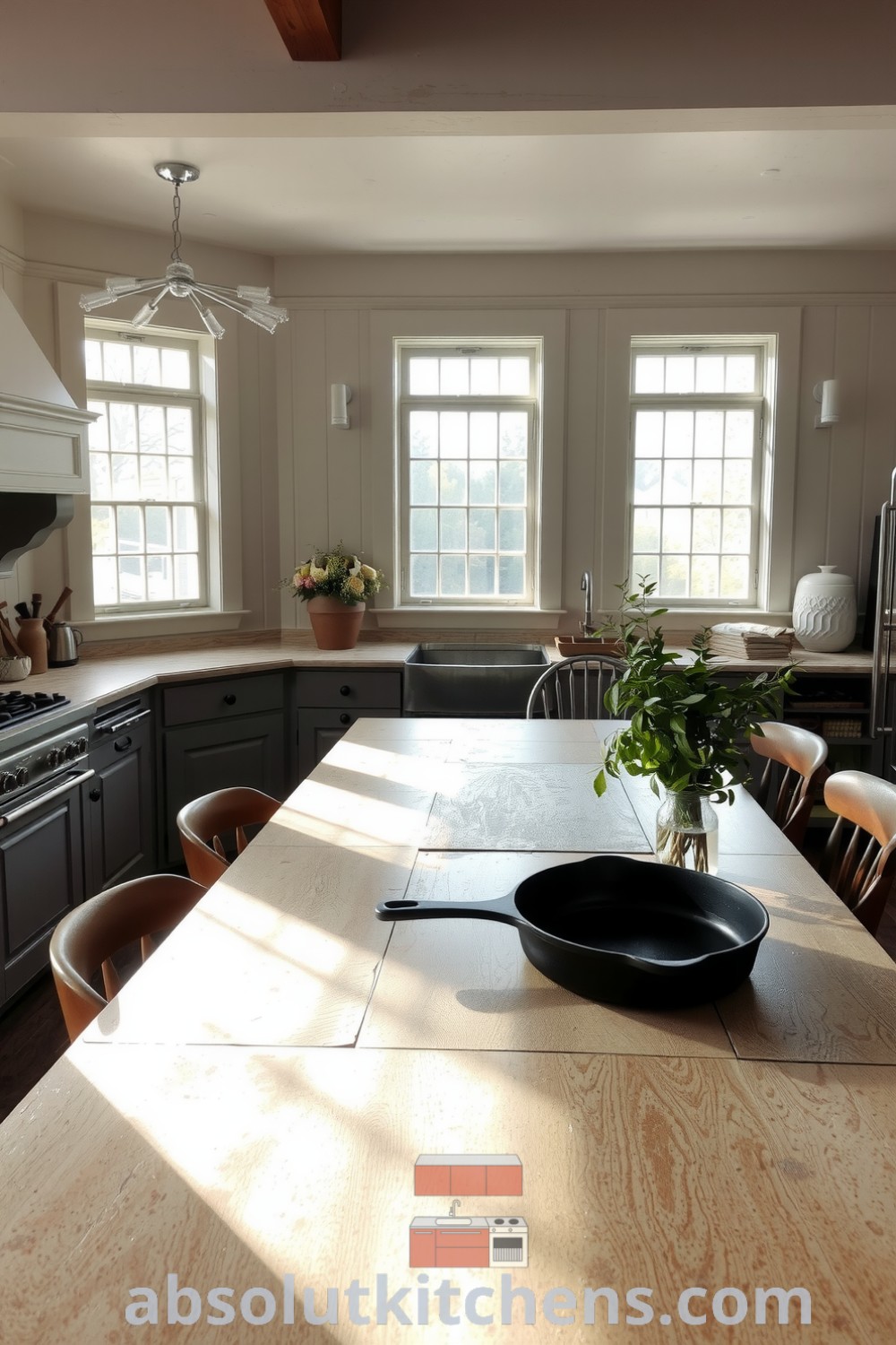 Cozy farmhouse kitchen featuring weathered wooden cabinets, a sturdy table surrounded by mismatched chairs, a rustic stone countertop, and a cast iron skillet beside a vase of fresh herbs, creating a warm, inviting atmosphere. Visit absolutkitchens.com for more cozy design ideas.