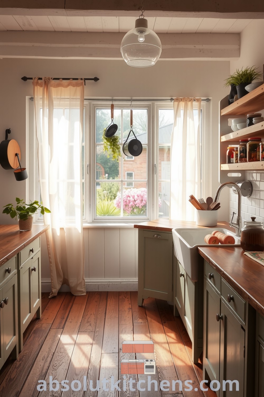 Cozy farmhouse kitchen with rustic wooden countertops, weathered planked floor, hanging herbs, and a large chipped farmhouse sink beneath a sunny window, showcasing decor ideas for small spaces and inspiring design trends, absolutkitchens.com.