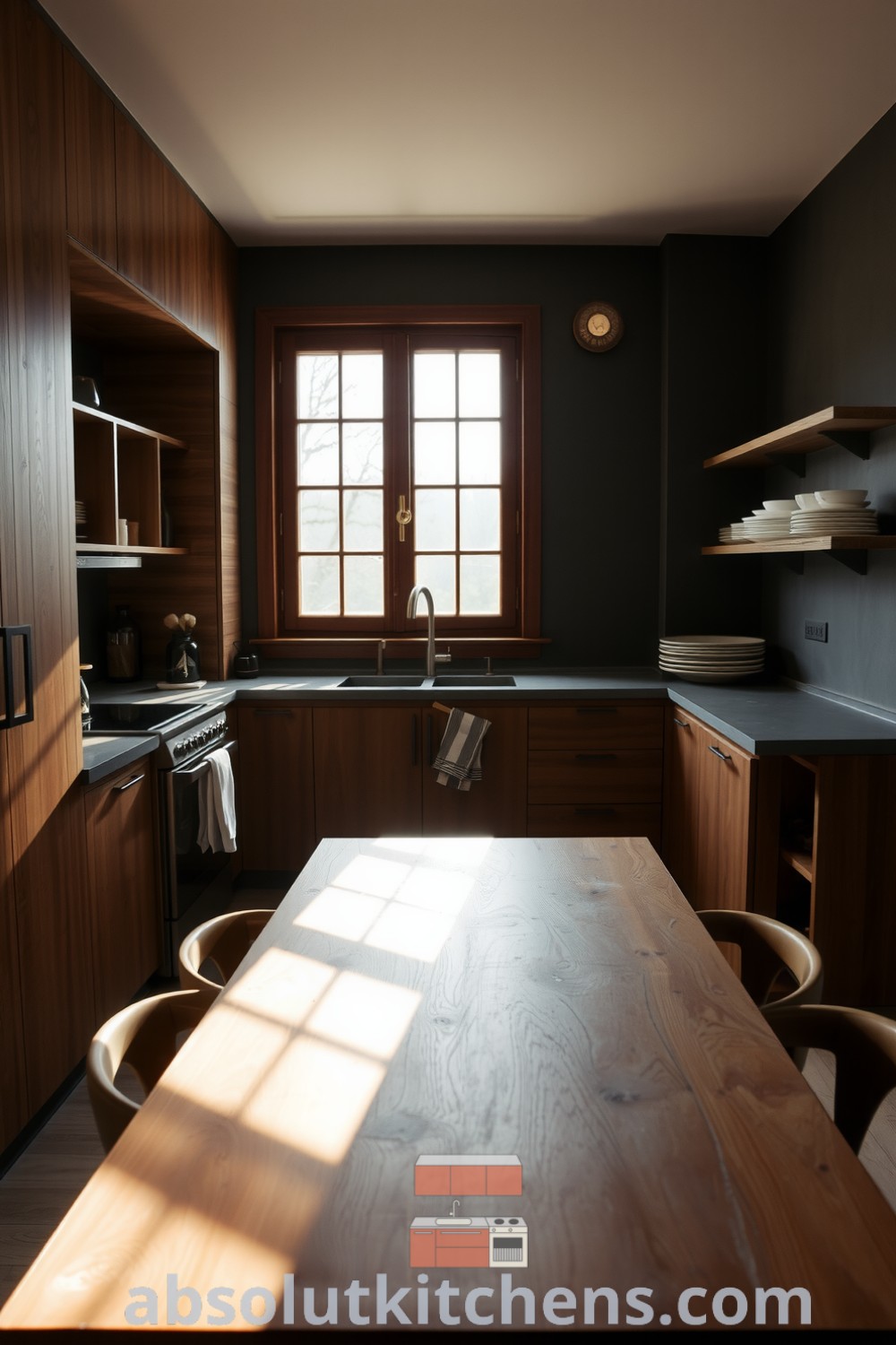 A cozy minimalist kitchen with brown wooden cabinetry, stone countertops, and a large window allowing soft morning light, complemented by a central wooden table and simple open shelves, providing design inspiration for your home at fireplacesandwoodstoves.com.