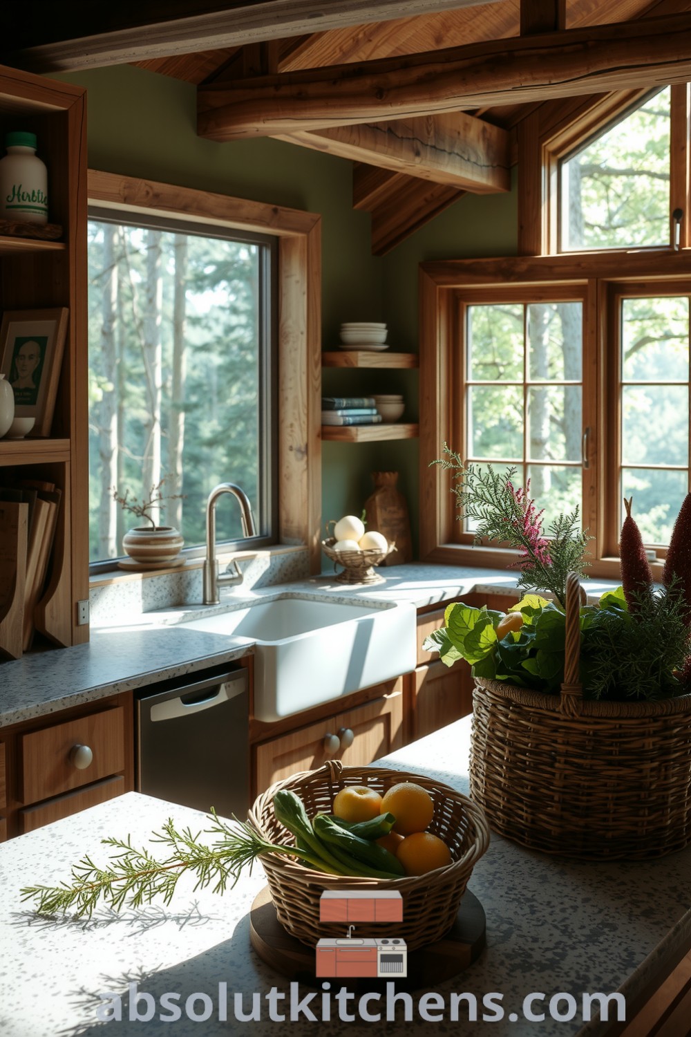 Nature-inspired kitchen featuring reclaimed timber cabinets, earthy stone countertops, and large rustic windows, filled with fresh vegetables in a woven basket, creating a cozy atmosphere. Visit absolutkitchens.com for more design ideas and inspirations.