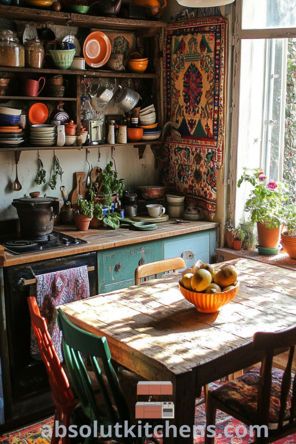 Bohemian Kitchen scene on absolutkitchens.com showcasing vibrant tapestries, cozy kitchen design, and unique kitchen decor ideas for a warm atmosphere.