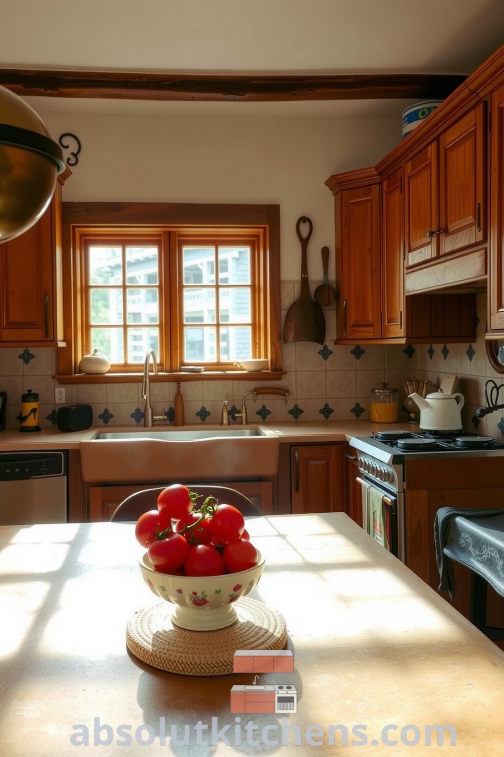 Cozy farmhouse kitchen featuring weathered wooden cabinets, a rustic dining table, fresh tomatoes on a stone countertop, and the warm aroma of freshly baked bread, filled with inviting decor ideas and inspirations for your home at absolutkitchens.com.