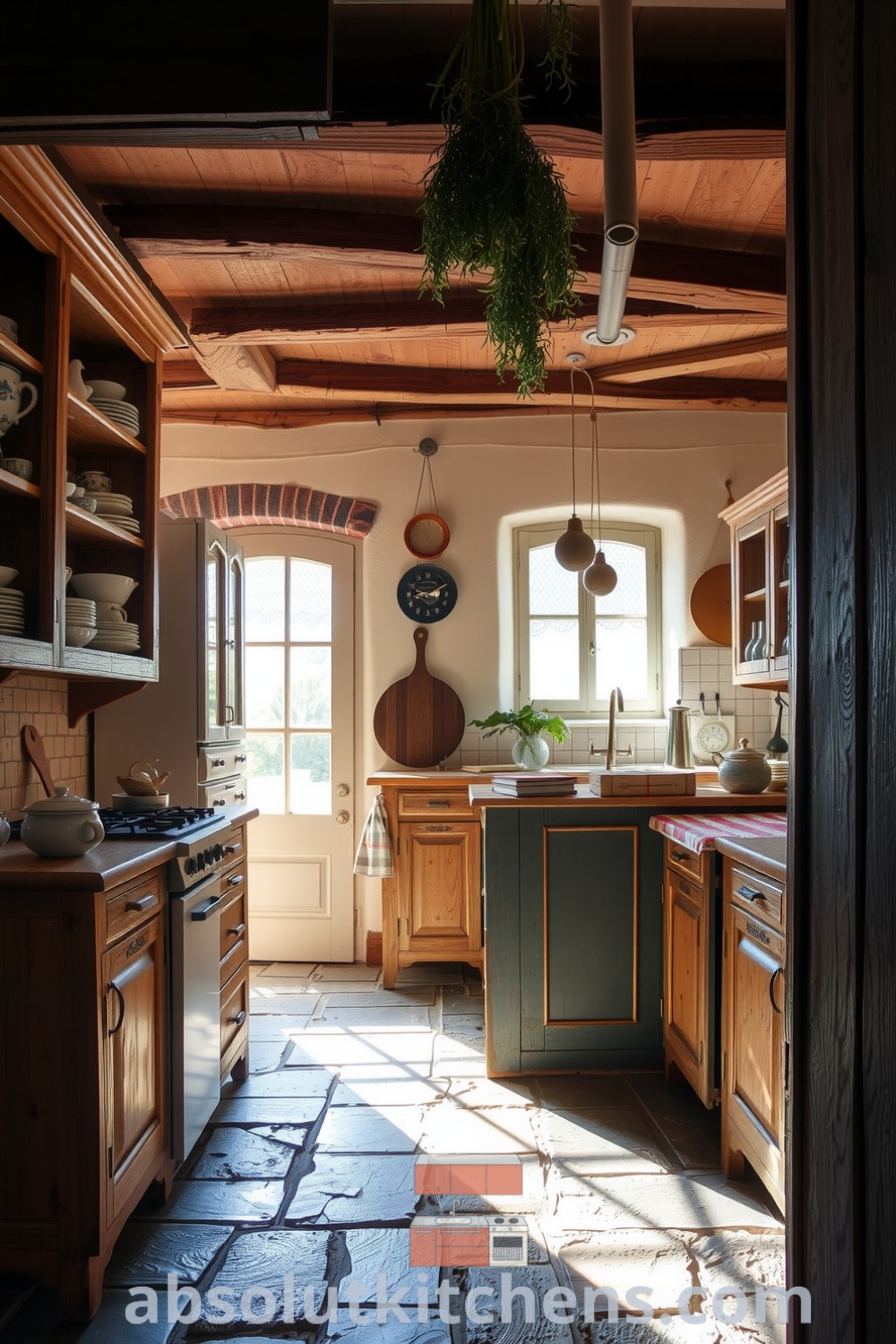 Cozy French kitchen featuring weathered wooden cabinets filled with mismatched ceramics, a reclaimed wood central island, and herbs hanging from ceiling beams, creating an inviting atmosphere for culinary endeavors at absolutkitchens.com.