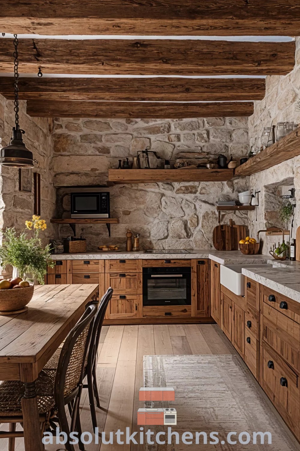 A cozy rustic kitchen with a natural stone backsplash, highlighting mobile home farmhouse style, and innovative rustic farmhouse kitchen ideas. The design showcases cozy aesthetics and Mediterranean influences, perfect for small white house decor inspirations. Explore more design trends at absolutkitchens.com.