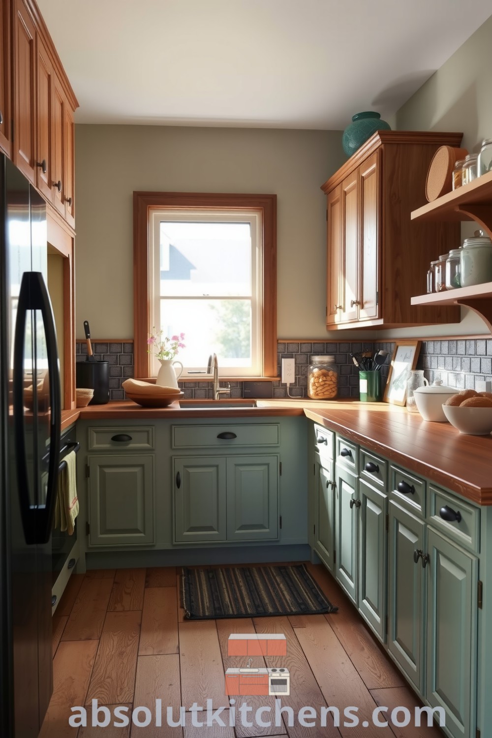 Cozy farmhouse kitchen featuring sage-hued walls, warm wooden cabinetry, a stone backsplash, and shelves filled with mason jars, embodying cozy decor ideas for a welcoming home atmosphere at absolutkitchens.com.