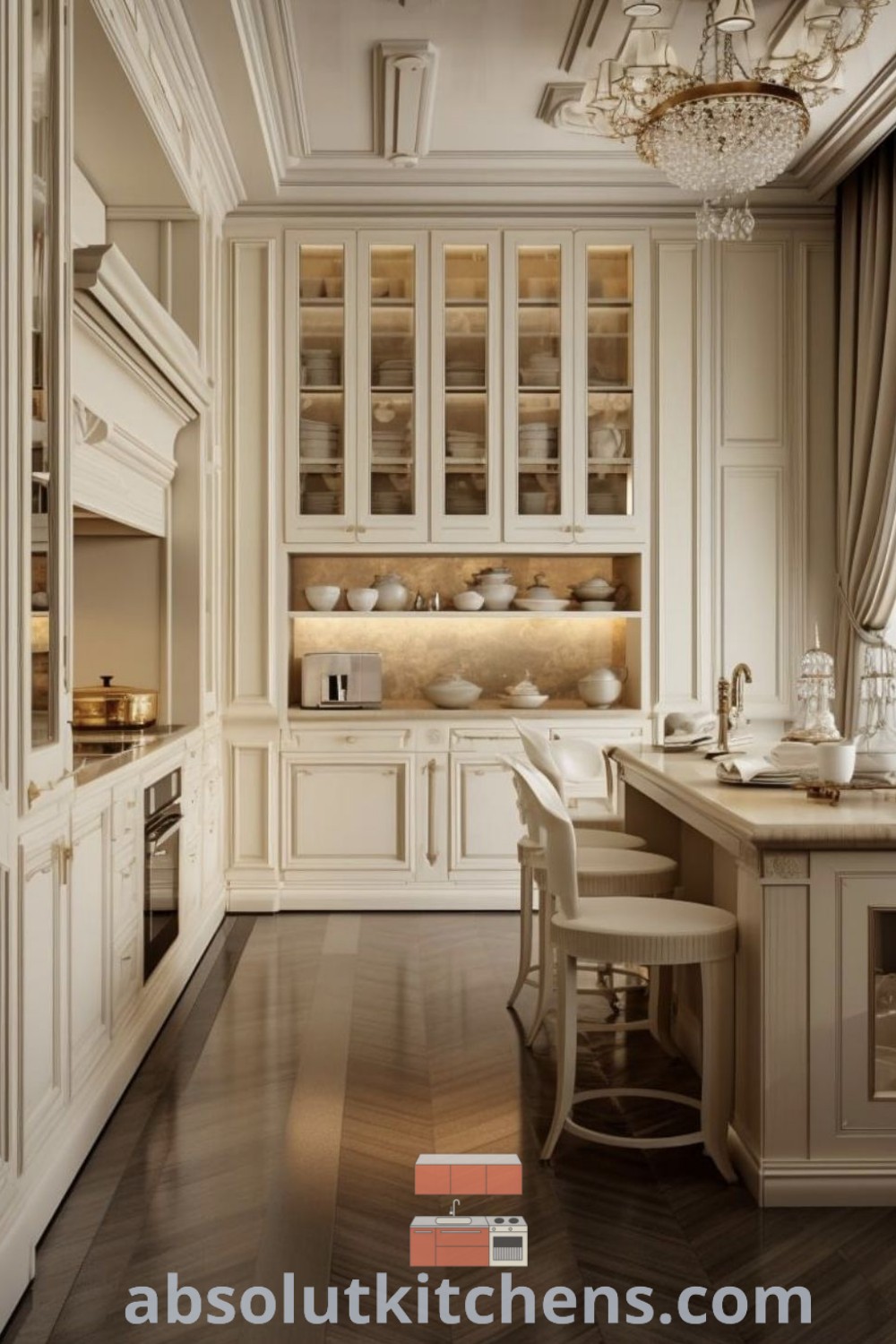 A sophisticated Parisian-style kitchen with white cabinets and wood floors, offering elegant decor ideas for small spaces and cozy aesthetics. This design blends functionality with style, representing inspiring home design trends. For more ideas you need to see, visit absolutkitchens.com.