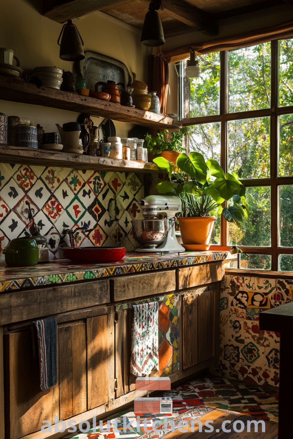 Bohemian Kitchen scene on absolutkitchens.com featuring reclaimed wood cabinets, colorful tiles, cozy kitchen decor ideas, and modern kitchen transformations.