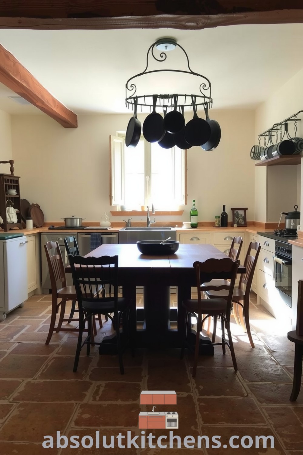 Cozy French kitchen featuring creamy walls, rustic wooden beams, a large farmhouse table surrounded by mismatched chairs, vintage pots, and soft sunlight, offering design inspiration for a warm and inviting home. Visit absolutkitchens.com for more cozy ideas.