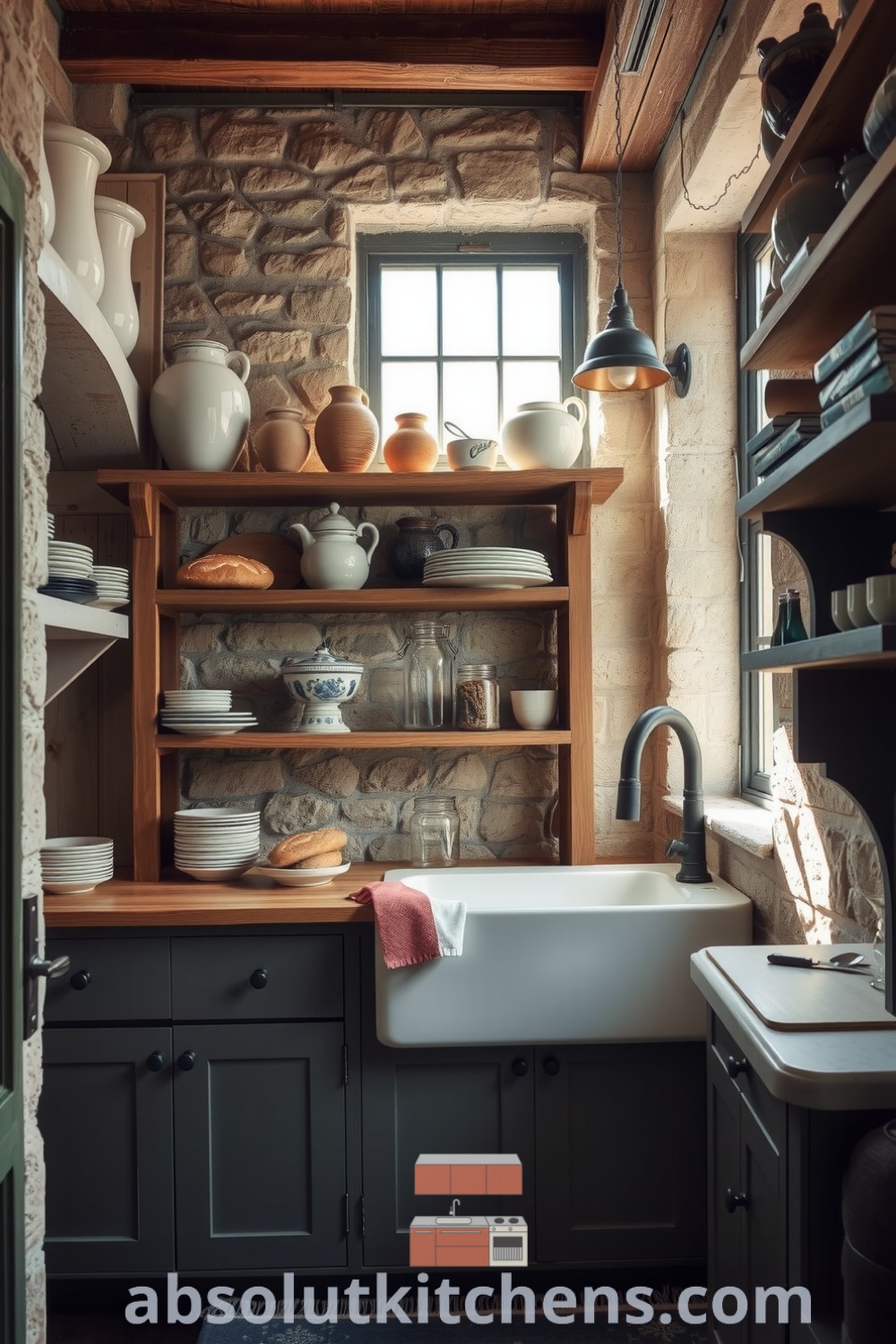 Cozy rustic kitchen featuring weathered wood and stone walls, a sunlit farmhouse sink, and a collection of mismatched ceramic bowls and vintage jars, creating a warm and inviting atmosphere. Find inspiring decor ideas for your home at absolutkitchens.com.