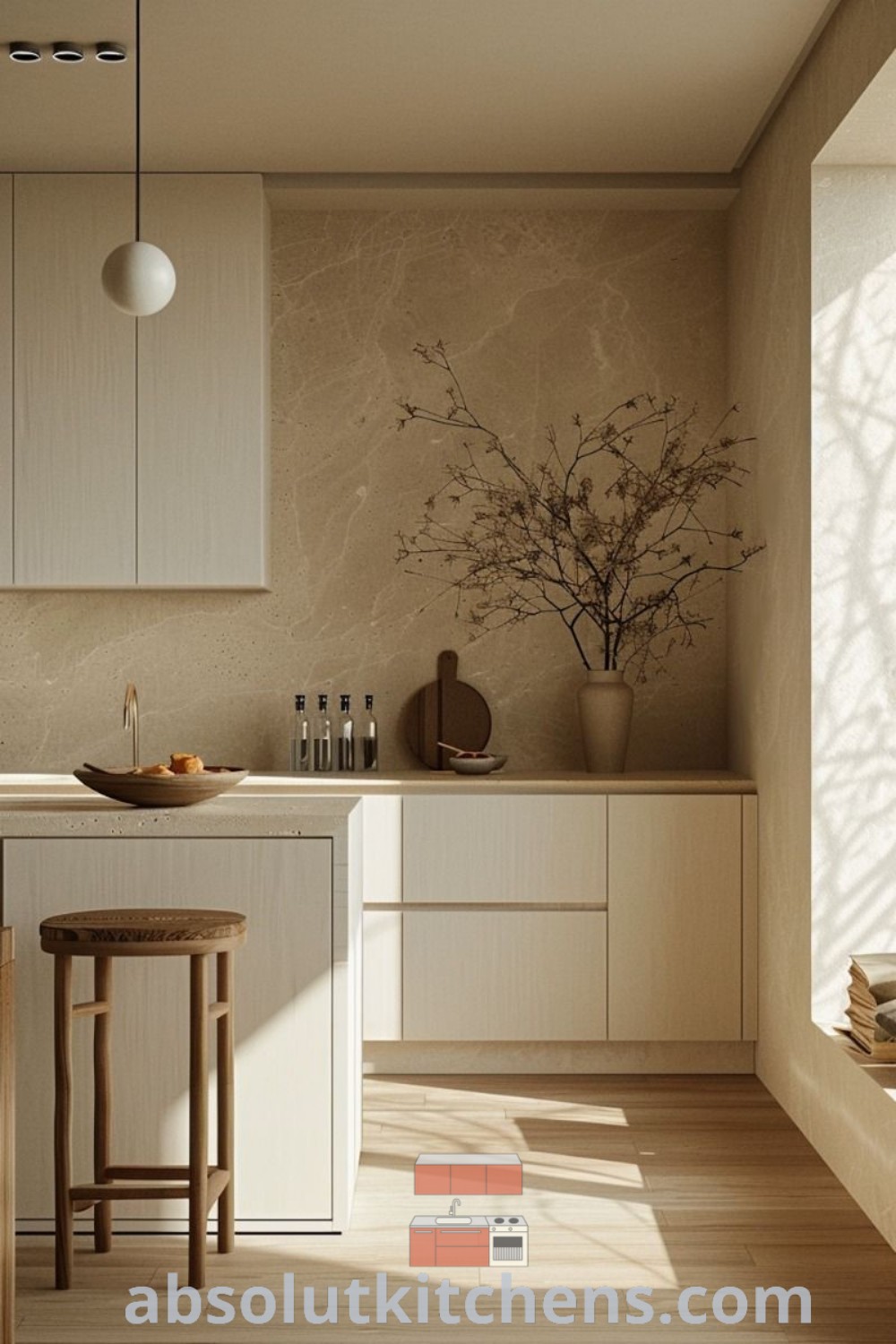 A modern kitchen with white countertops, beige cabinets, and stylish wall decor, illustrating minimal kitchen design trends. This cozy home space offers inspiring ideas for your kitchen decor, highlighting contemporary designs and unique decor inspirations. Explore more at wellnesswink.com.