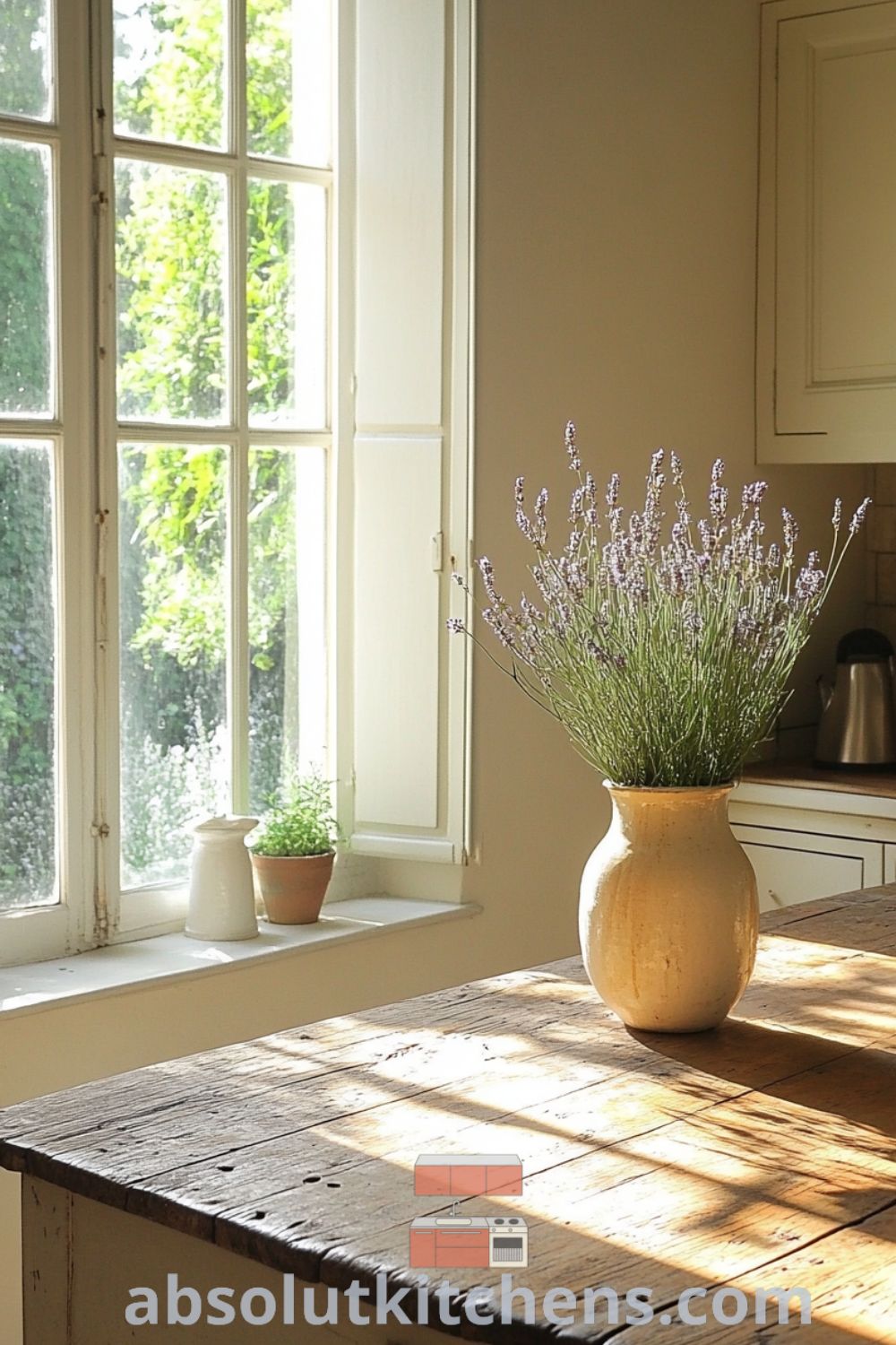 Cozy French kitchen scene on absolutkitchens.com featuring rustic wooden countertops, warm light, and decor ideas for small spaces.