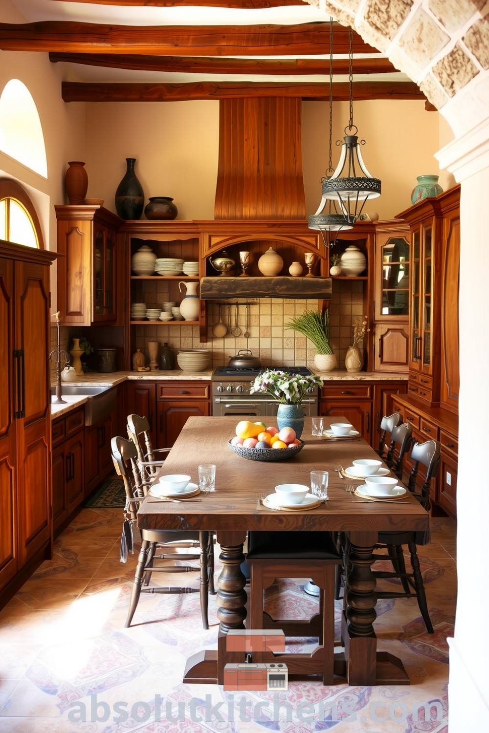 Cozy Mediterranean kitchen featuring rich brown wooden cabinets, terracotta-tiled floor, and sun-washed walls, adorned with handcrafted pottery and dried herbs, creating an inviting atmosphere ideal for family gatherings, as showcased on absolutkitchens.com.