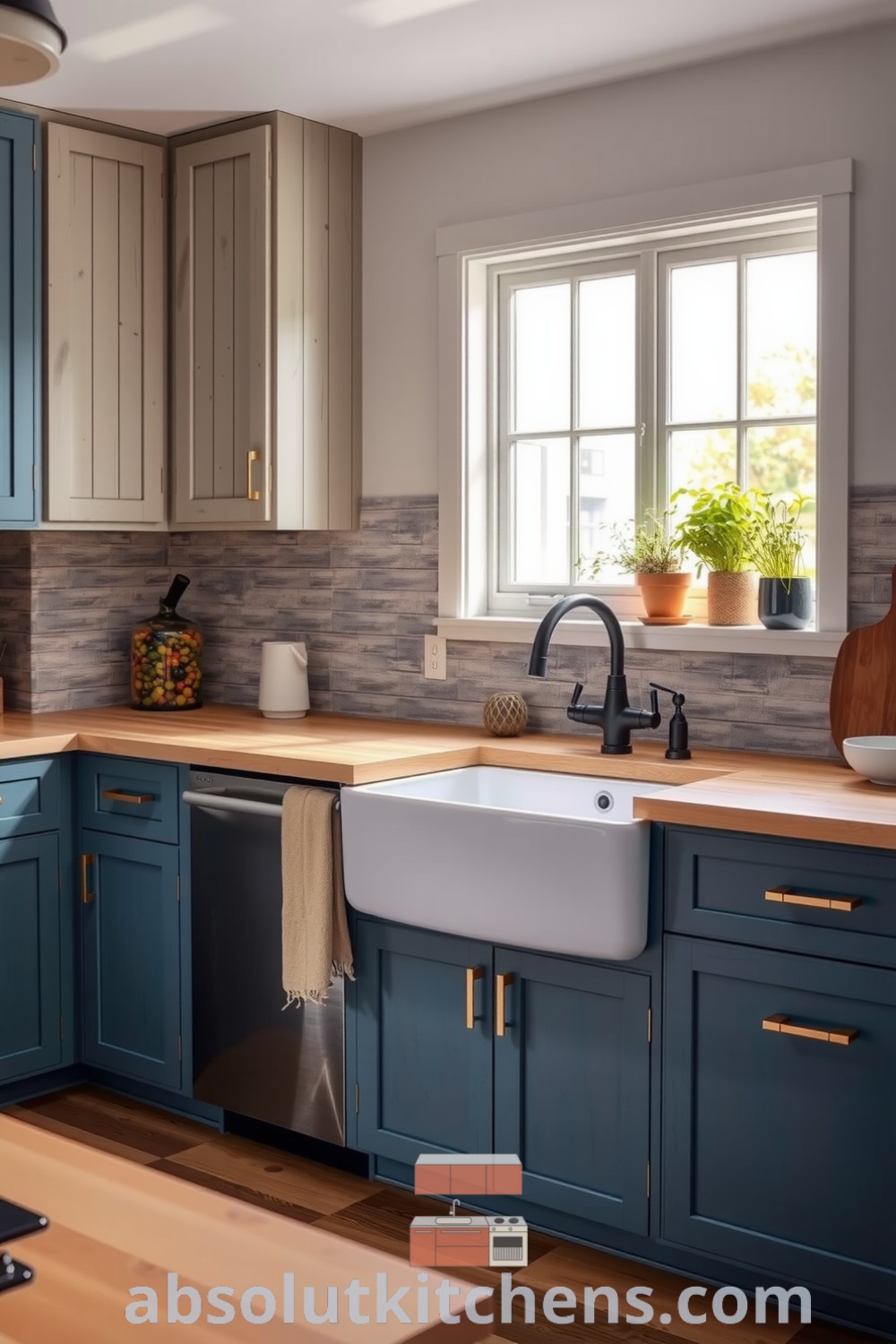 Cozy modern farmhouse kitchen with blue cabinetry, natural wood countertops, and potted herbs on the windowsill, showcasing a blend of rustic and contemporary design inspirations for a welcoming home atmosphere. Visit absolutkitchens.com for more unique decor ideas.