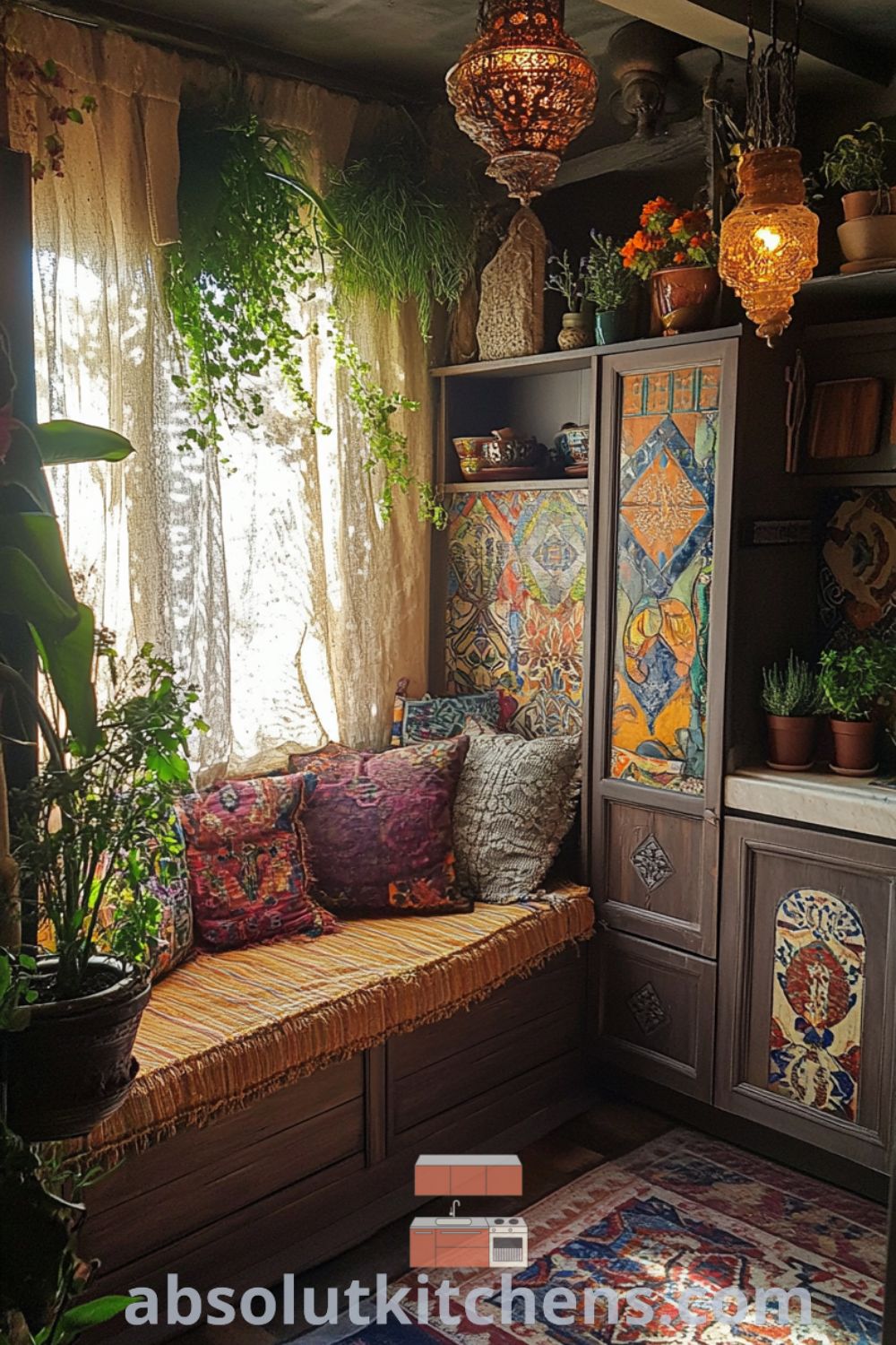 Bohemian Kitchen scene on absolutkitchens.com showcasing eclectic decor elements, cozy kitchen vibes, and inviting design inspiration for small spaces.