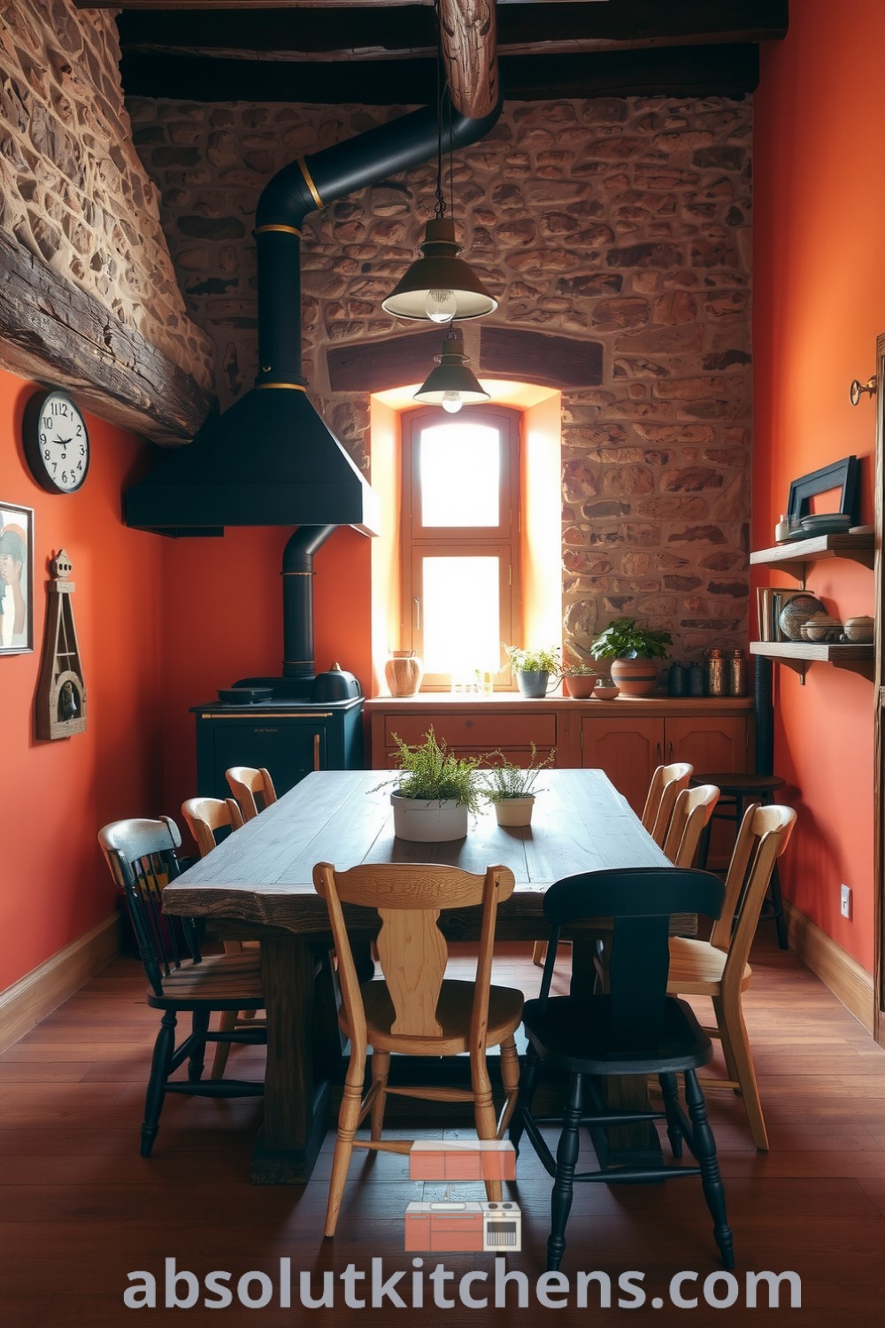 Cozy rustic kitchen with warm orange tones, a rough-hewn wooden table, mismatched chairs, exposed stone walls, and a cast-iron stove, creating an inviting atmosphere perfect for family gatherings, featured on absolutkitchens.com.