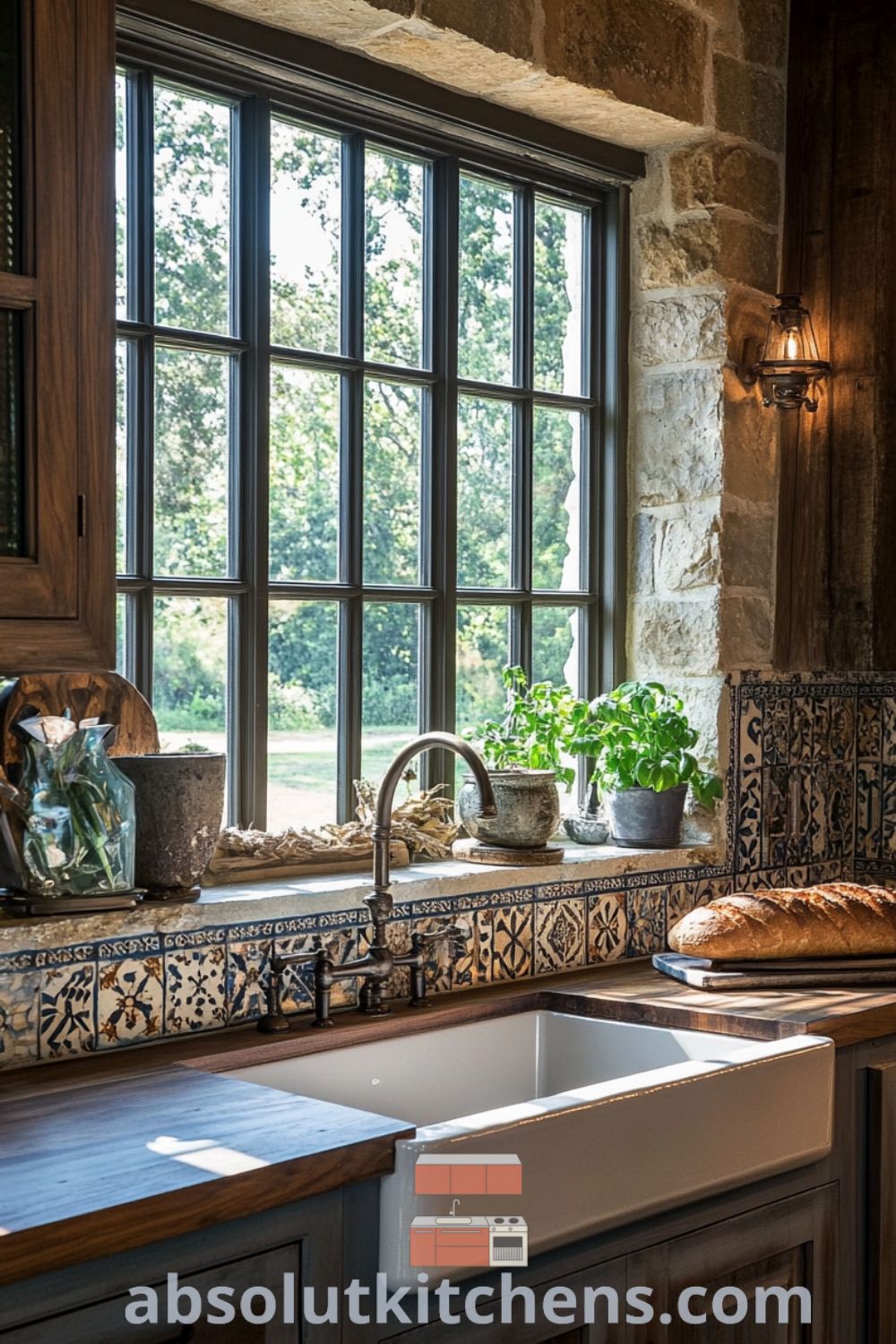 Vintage French kitchen design on absolutkitchens.com featuring rich wood cabinetry, cozy aesthetic, decor ideas for small spaces, and charming warmth.