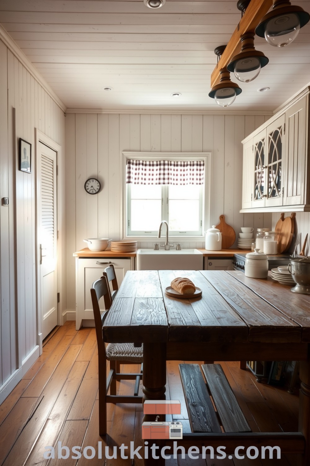 Cozy farmhouse kitchen with whitewashed walls, gingham curtains, weathered wooden cabinets, and a robust wooden table, featuring mismatched dishes and jars of spices. Discover inspiring decor ideas for your home at absolutkitchens.com.