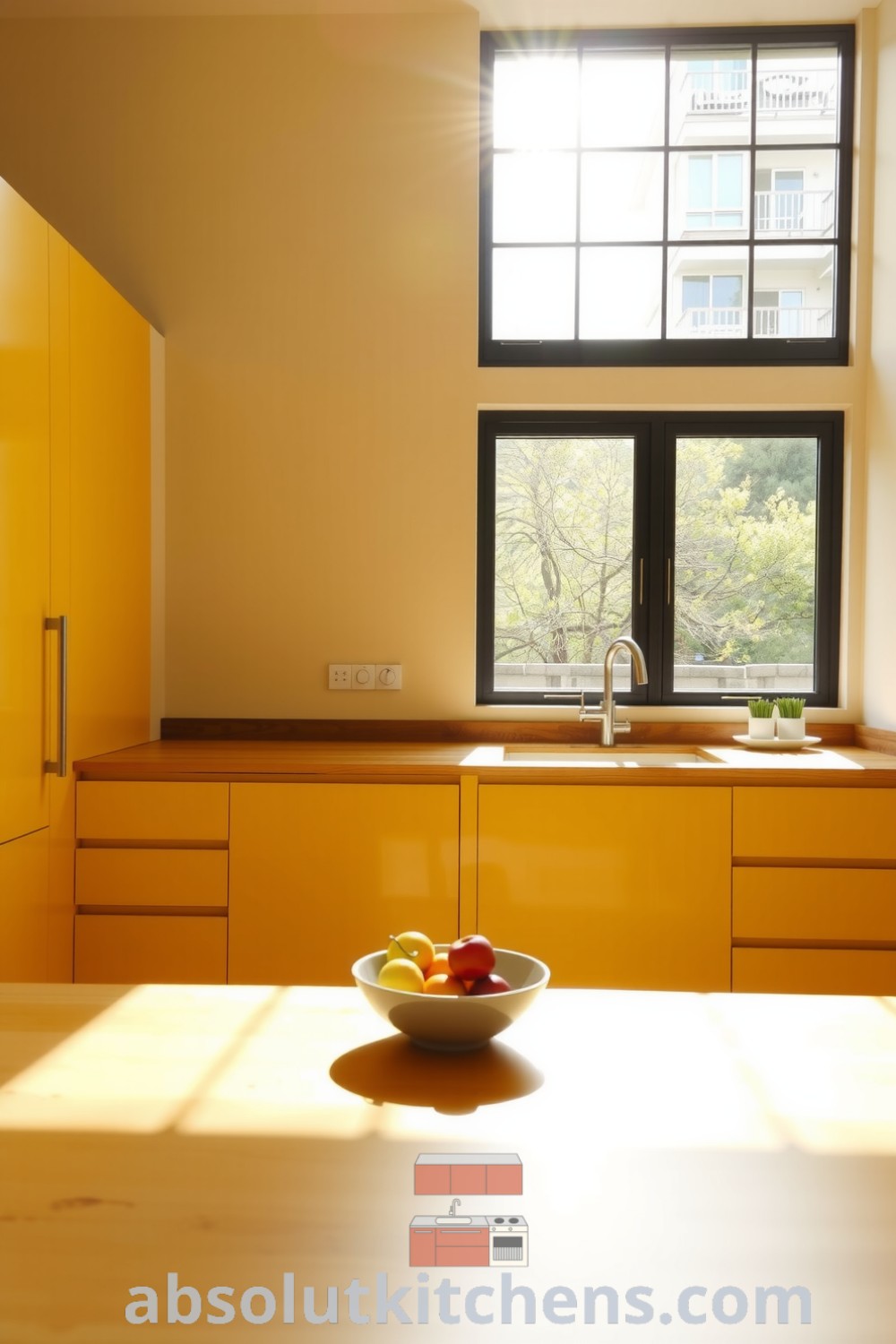 A bright minimalist kitchen with yellow cabinetry, natural wood countertops, and a bowl of fresh fruit on the dining table, highlighted by sunlight filtering through a large window, offering cozy design ideas for your home. Visit fireplacesandwoodstoves.com for more decor inspirations.