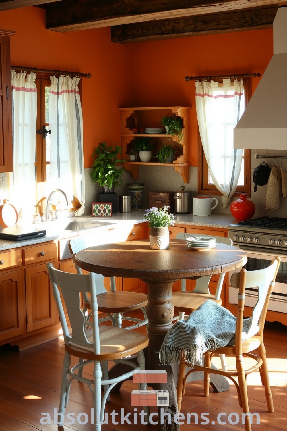 Warm boho kitchen featuring earthy orange tones, rustic wooden cabinetry, a reclaimed wood table with mismatched chairs, and potted herbs on the windowsill. Discover cozy ideas and decor inspirations for your home at absolutkitchens.com.