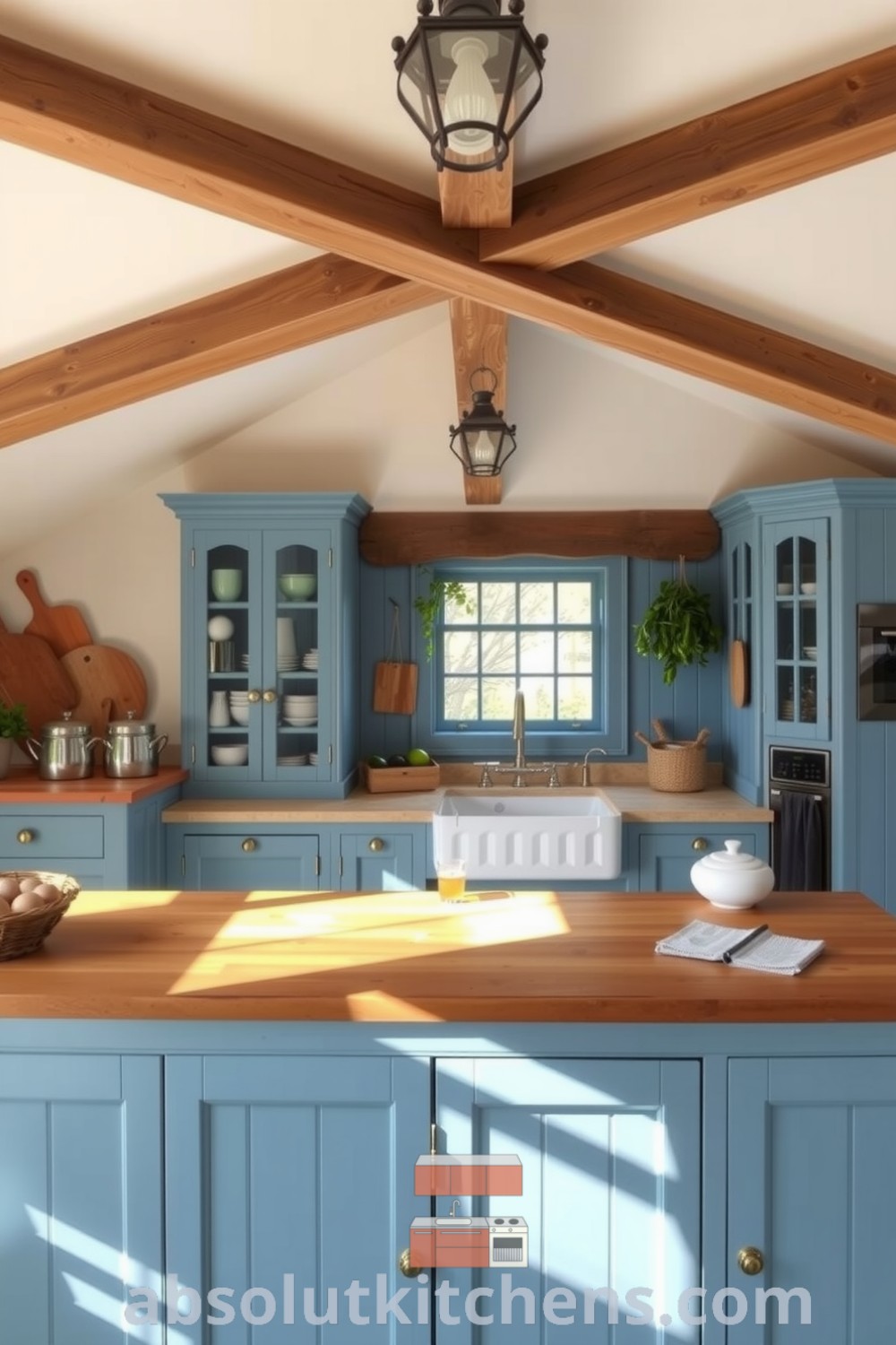 Cozy farmhouse kitchen featuring aged wooden beams, blue cabinetry, butcher block countertops, and a sunny window over a large farmhouse sink, creating an inviting atmosphere with natural light and rustic tile flooring. Discover decor ideas for your home at absolutkitchens.com.
