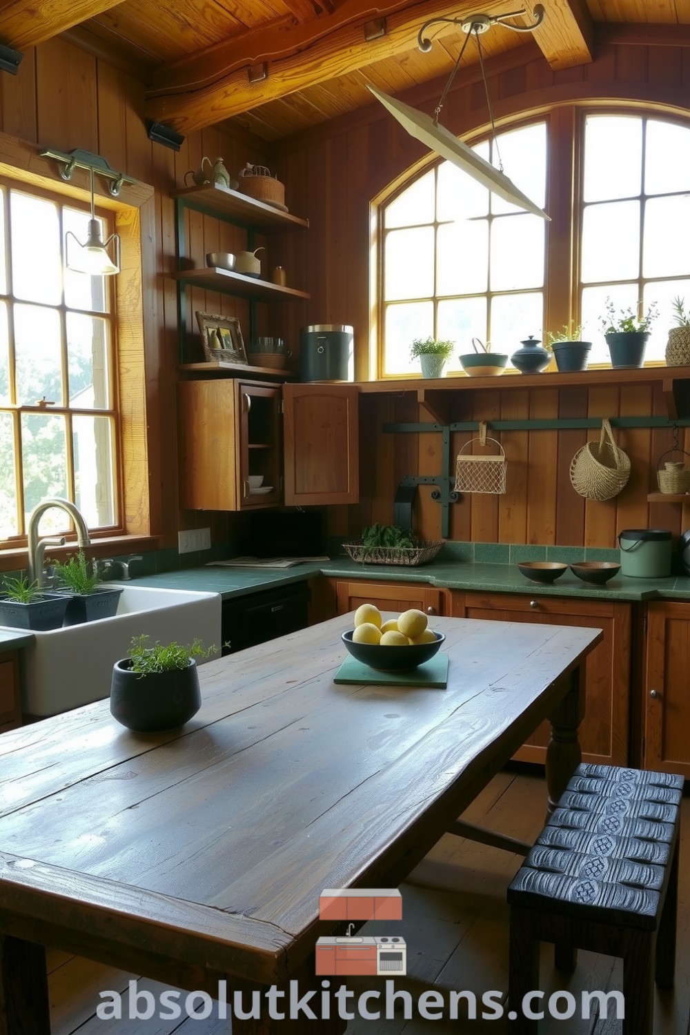 Cozy nature-inspired kitchen featuring reclaimed wood cabinetry, earthy stone countertops, potted herbs, and a large farmhouse table, creating a warm and inviting atmosphere, ideal for shared meals and cherished moments. Visit absolutkitchens.com for design ideas.