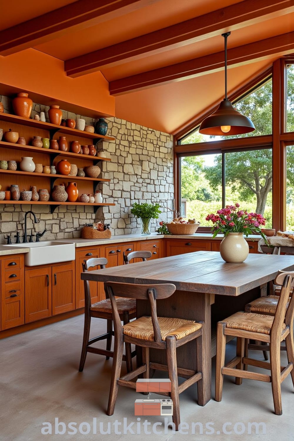 Rustic kitchen with warm orange tones, wooden cabinets, a farmhouse sink overlooking a garden, a worn oak table surrounded by mismatched chairs, and textured stone walls adorned with handcrafted pottery, showcasing cozy ideas and decor inspirations for a welcoming home, visit fireplacesandwoodstoves.com.