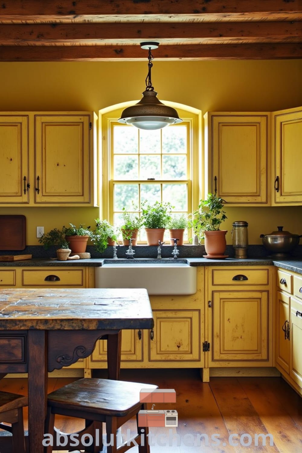 Cozy rustic kitchen with weathered wooden cabinets, a farmhouse table, and sunlit window showcasing earthenware pots of fresh herbs, creating a warm gathering space perfect for family. Visit fireplacesandwoodstoves.com for inspiring decor ideas.