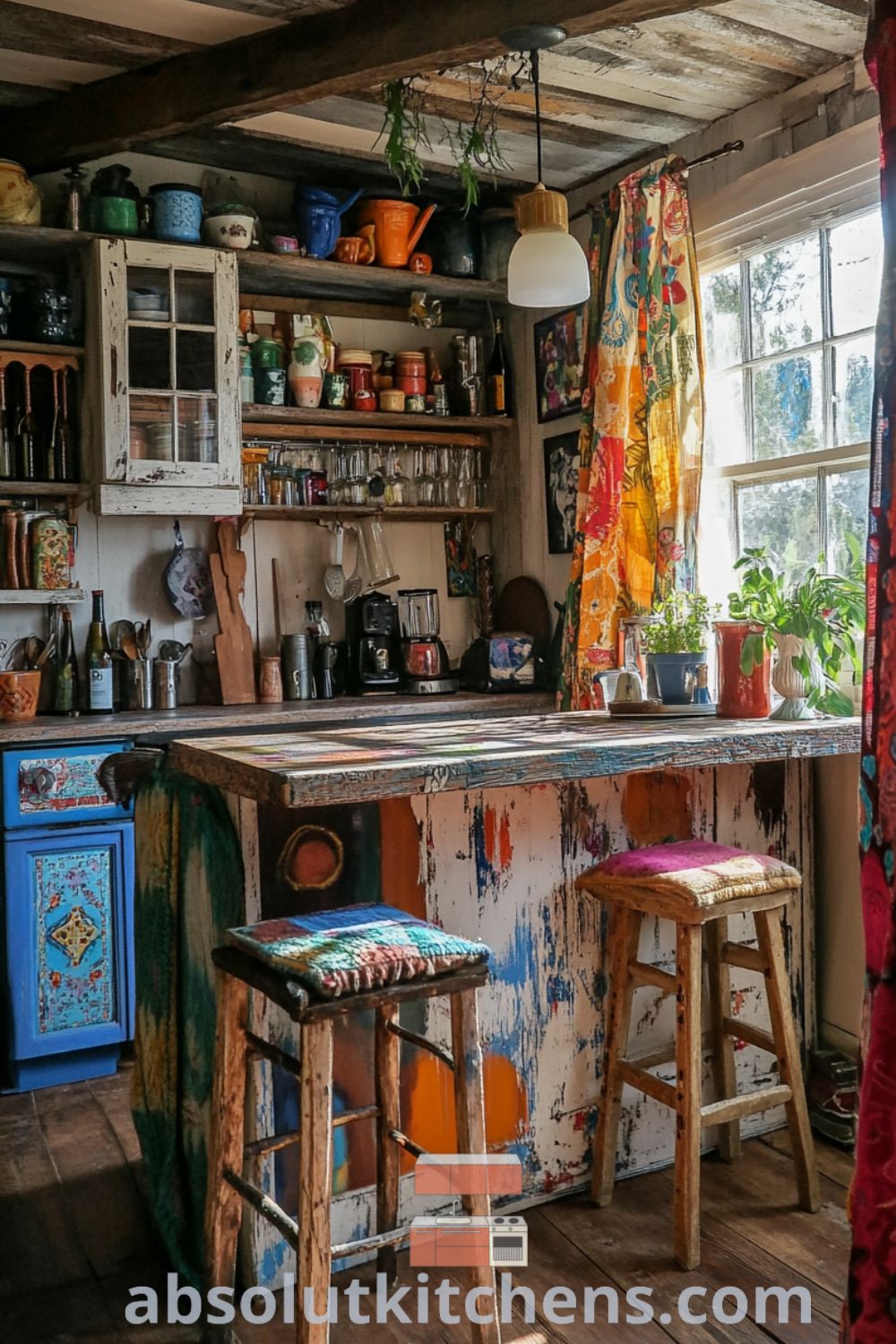 Bohemian Kitchen scene on absolutkitchens.com featuring vibrant textiles, cozy kitchen decor, and colorful dishes, ideal for kitchen organization and inspiring design trends.