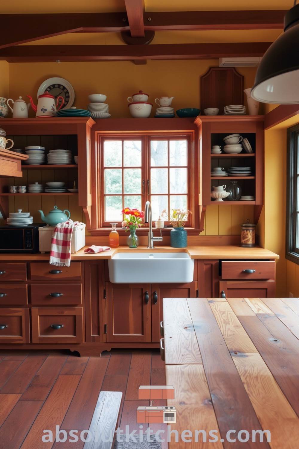 Cozy rustic kitchen featuring warm yellow walls, wooden cabinets with mismatched dishware, a butcher block countertop, and a large farmhouse sink, creating an inviting atmosphere perfect for family gatherings; visit absolutkitchens.com for more cozy home design ideas.