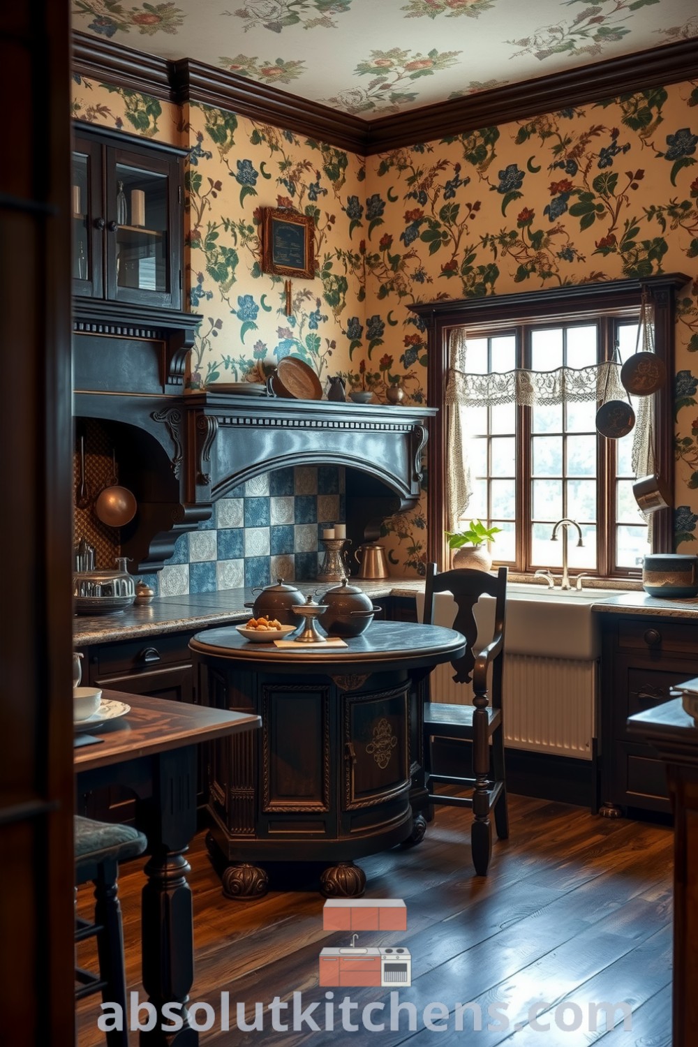 Cozy Victorian kitchen featuring rich beige hues, intricate floral wallpaper, dark wooden cabinets, a sturdy table, a classic hearth, and lace curtains, showcasing unique decor ideas for a warm and inviting home environment. Visit absolutkitchens.com for more design inspirations.