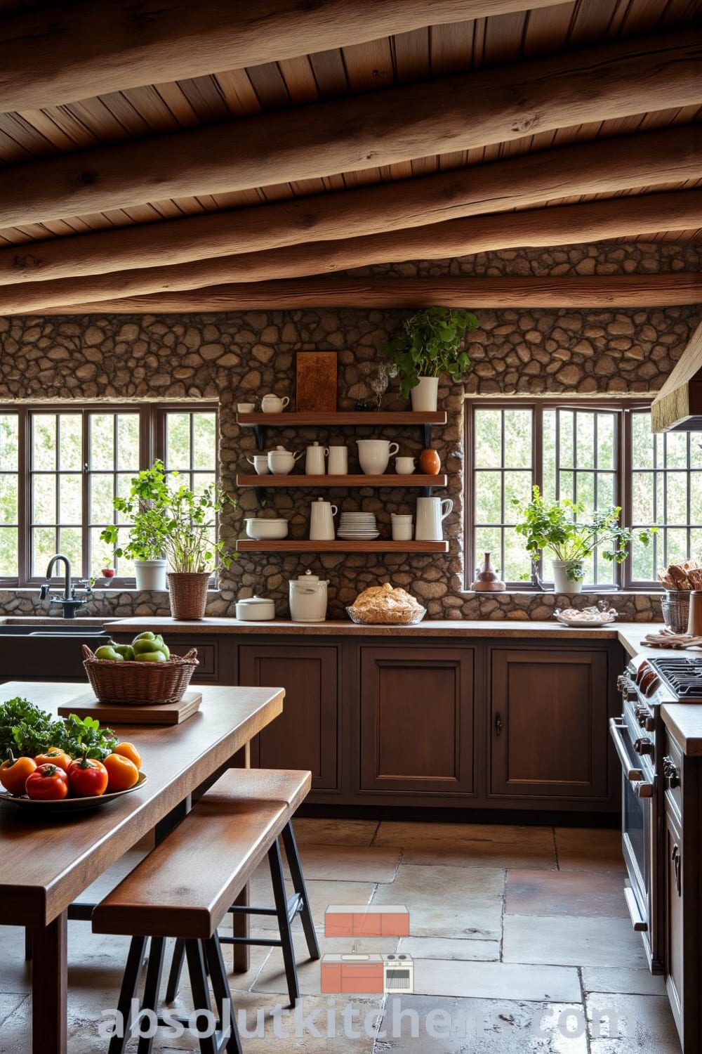 Charming rustic kitchen with weathered wood beams, a farmhouse table adorned with fresh vegetables, mismatched dishware on open shelves, and an inviting atmosphere, featuring cozy design ideas from fireplacesandwoodstoves.com.