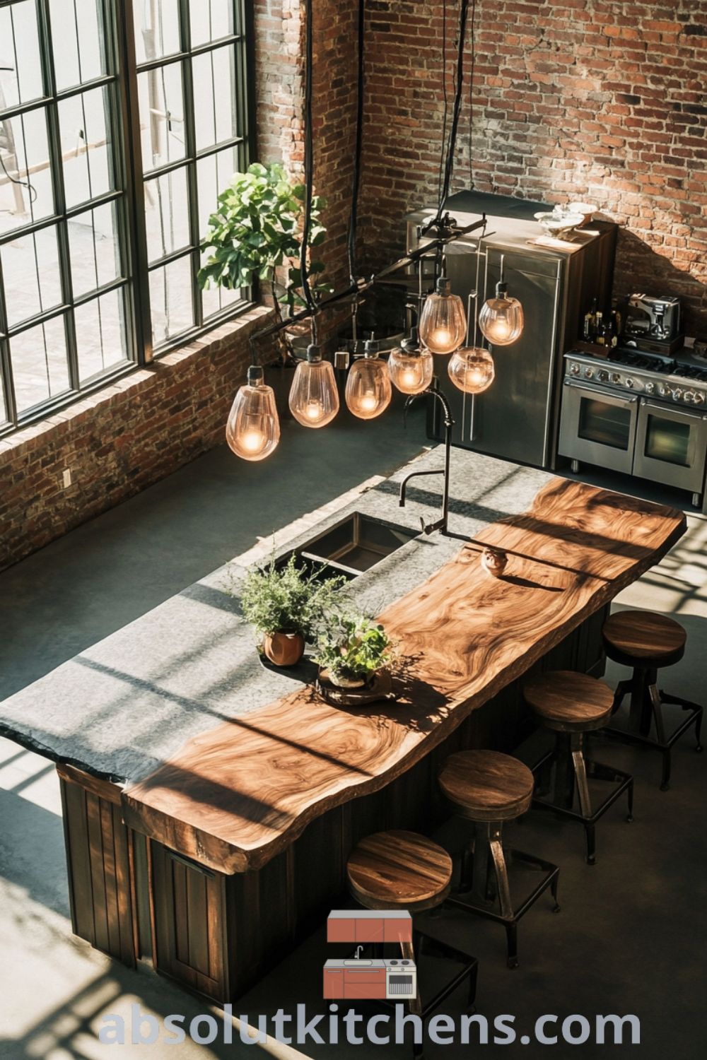 Urban loft kitchen with exposed brick and metal fixtures on absolutkitchens.com, featuring rich wood cabinetry, cozy aesthetic, and decor ideas for small spaces.