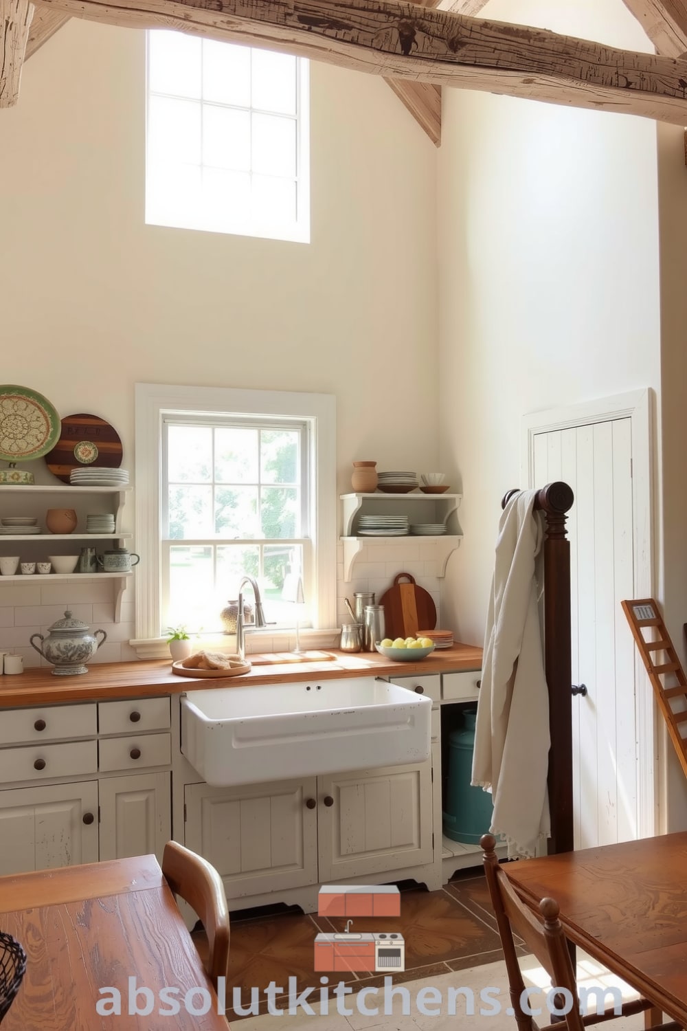Rustic kitchen with creamy walls, weathered wooden beams, butcher block countertops, and a deep farmhouse sink, showcasing cozy decor ideas that inspire warmth and charm in your home, perfect for family gatherings, designed by fireplacesandwoodstoves.com.