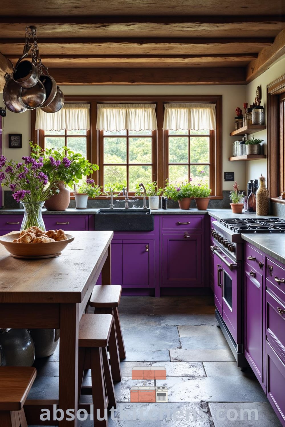 Rustic kitchen design featuring deep purple accents, weathered wooden cabinets, stone countertops, an oversized farmhouse sink, and a well-loved dining table surrounded by a cozy atmosphere, perfect for home gatherings. Explore unique cozy ideas and decor inspirations at fireplacesandwoodstoves.com.