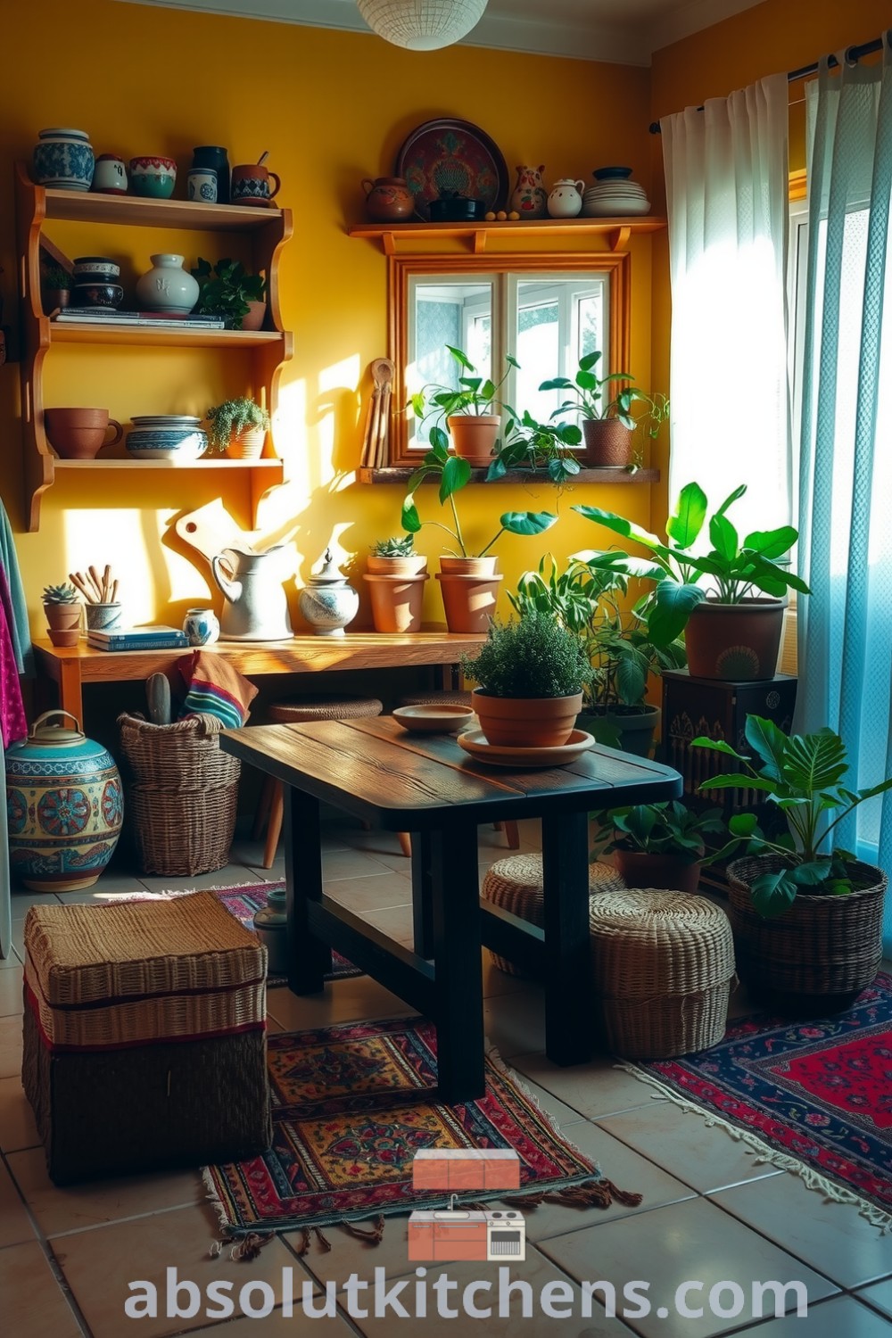 Cozy boho kitchen with warm yellow walls, eclectic decor including hand-thrown pottery and potted herbs, a reclaimed wooden table, vibrant textiles, and a welcoming atmosphere, offering design inspiration and ideas for your home at absolutkitchens.com.